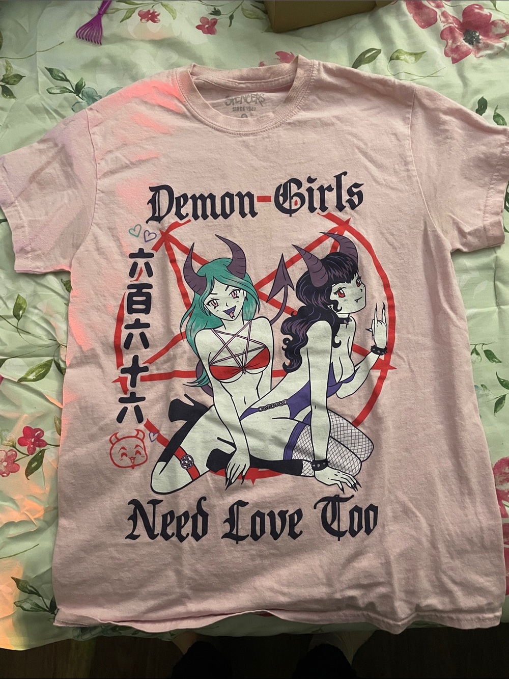 Spencer's Pink Demon-Girls Graphic Tee with Teal & Purple Accents
